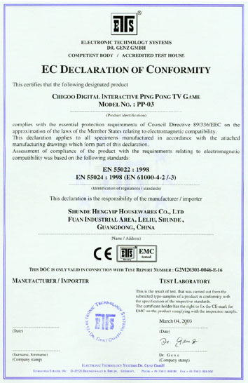 EC Declaration of Confomity